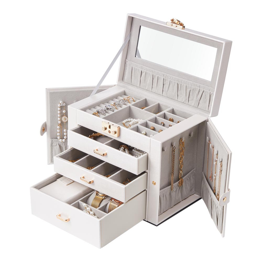 TEMU Large Jewellery Box For Women, White Pu Leather Mirror Jewellery Boxes With 3 Drawers Jewelry Storage, Earrings, Rings, Necklaces, Bracelets,