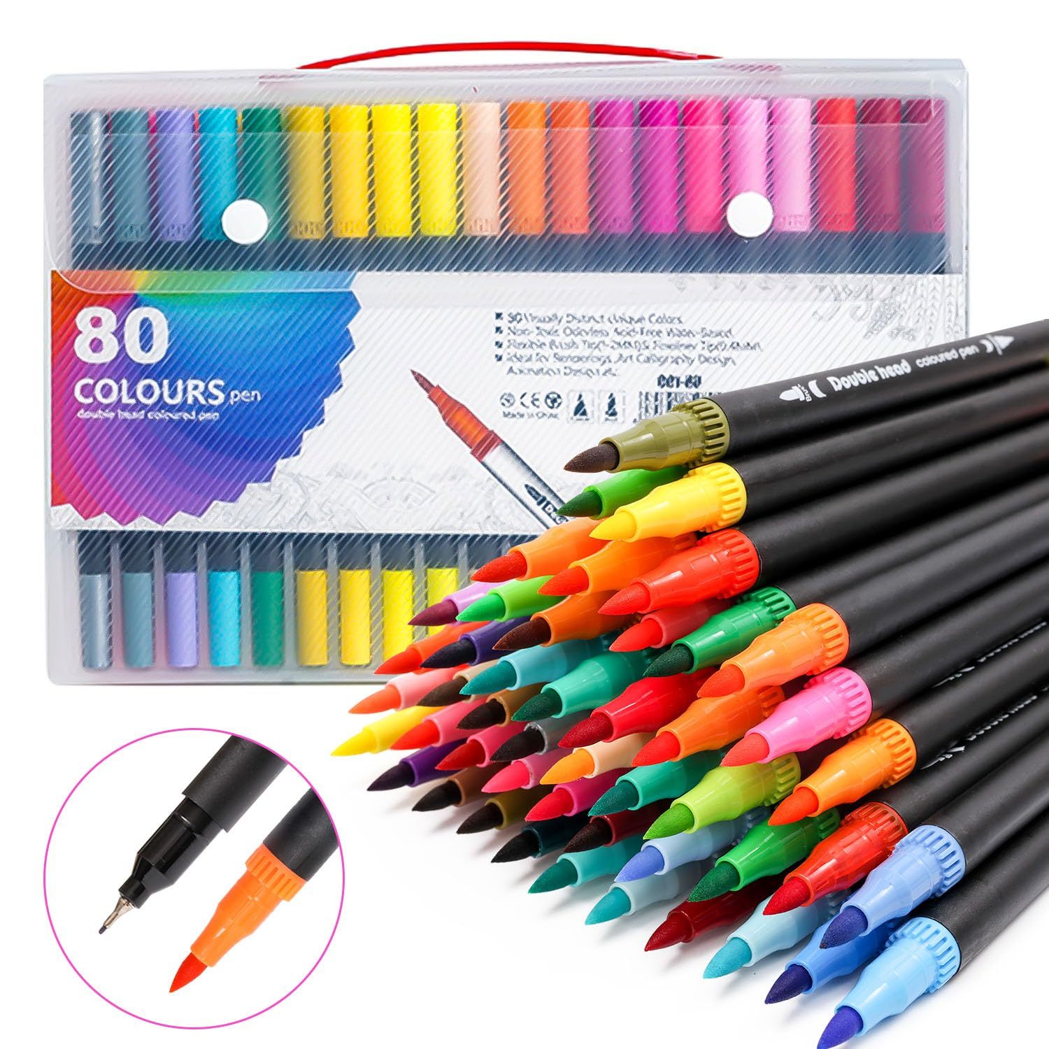 E-shop Set mit 80 Farben, 2 Bürstenstifte, Bürstenstift-Set mit Tragetasche, doppelseitige Filzstifte, Filzstifte dick und dünn, Stifte für ,