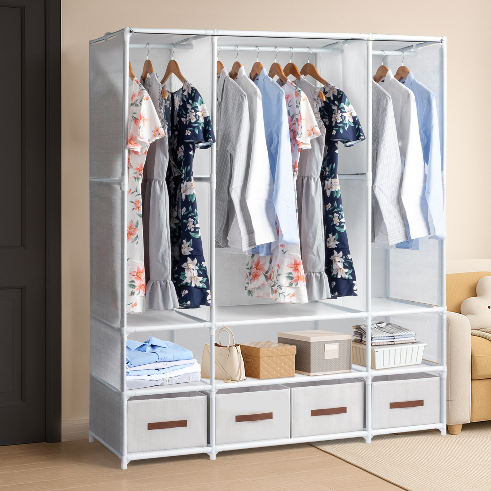 Image of Portable Wardrobe With 4 Drawers, 4 Shelves And 3 Hanging Rods, Tall Sweater Organizer, Sturdy Freestanding Bedroom Wardrobe Organizer, White