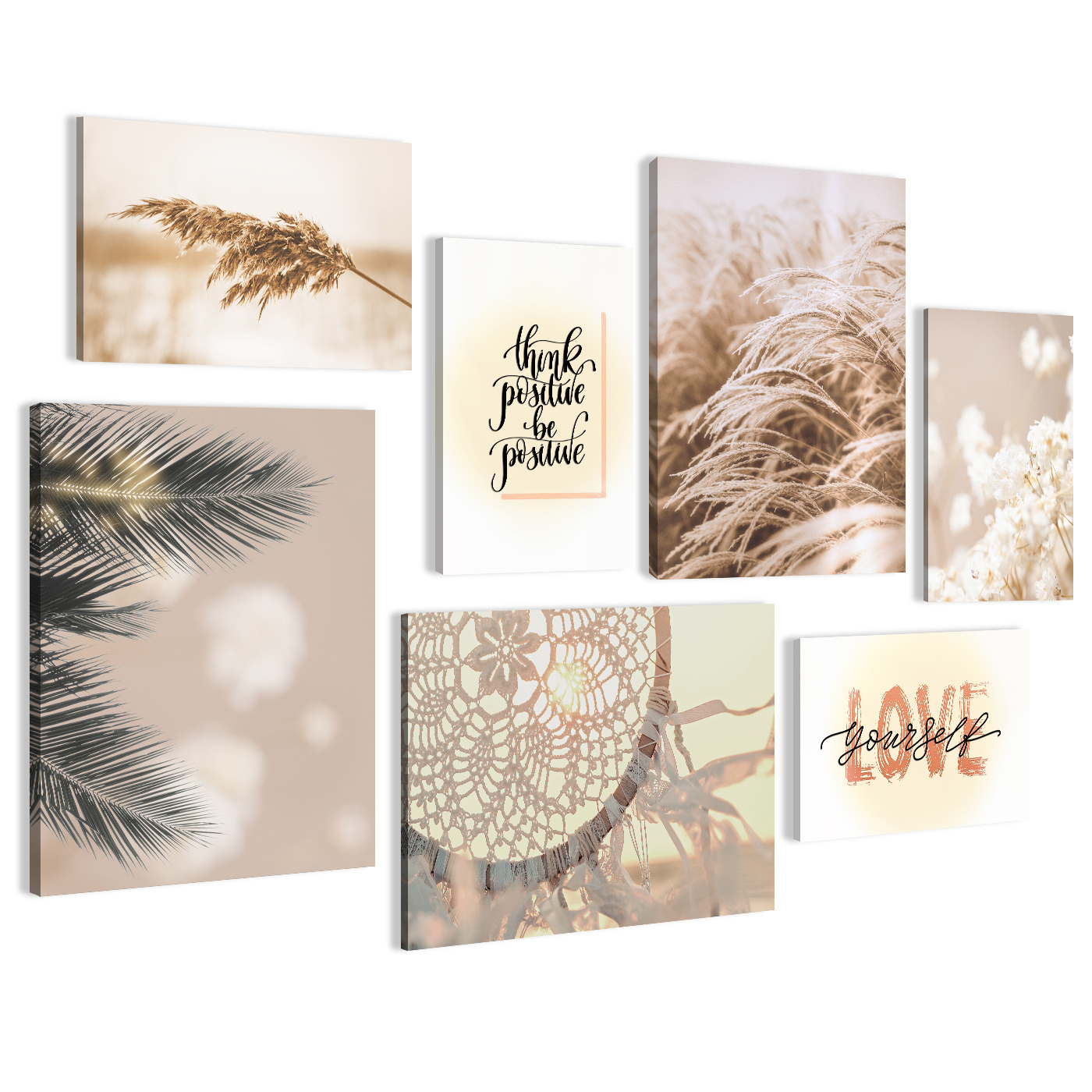 Image of Framed Canvas Picture Set, Not A Poster, 7 Pieces, Pampas Grass, Boho Dreamcatcher, Palm, Positive, Love Yourself 4514, Ready To Hang