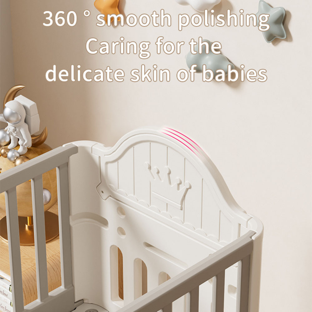 Cot with Under Drawer, Baby Cot with 4 Storage Drawers & Wheels, Grey - White HDPE/PP Material 1.0T Thickness, Sturdy Injection-Molded Crib for Newborns & Toddlers, Adjustable Height and Lockable Casters for Nursery/Bedroom, L85*W62*H108CM