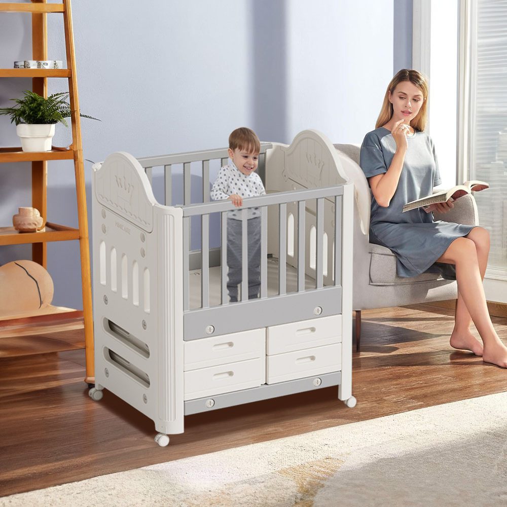 Cot with Under Drawer, Baby Cot with 4 Storage Drawers & Wheels, Grey - White HDPE/PP Material 1.0T Thickness, Sturdy Injection-Molded Crib for Newborns & Toddlers, Adjustable Height and Lockable Casters for Nursery/Bedroom, L85*W62*H108CM