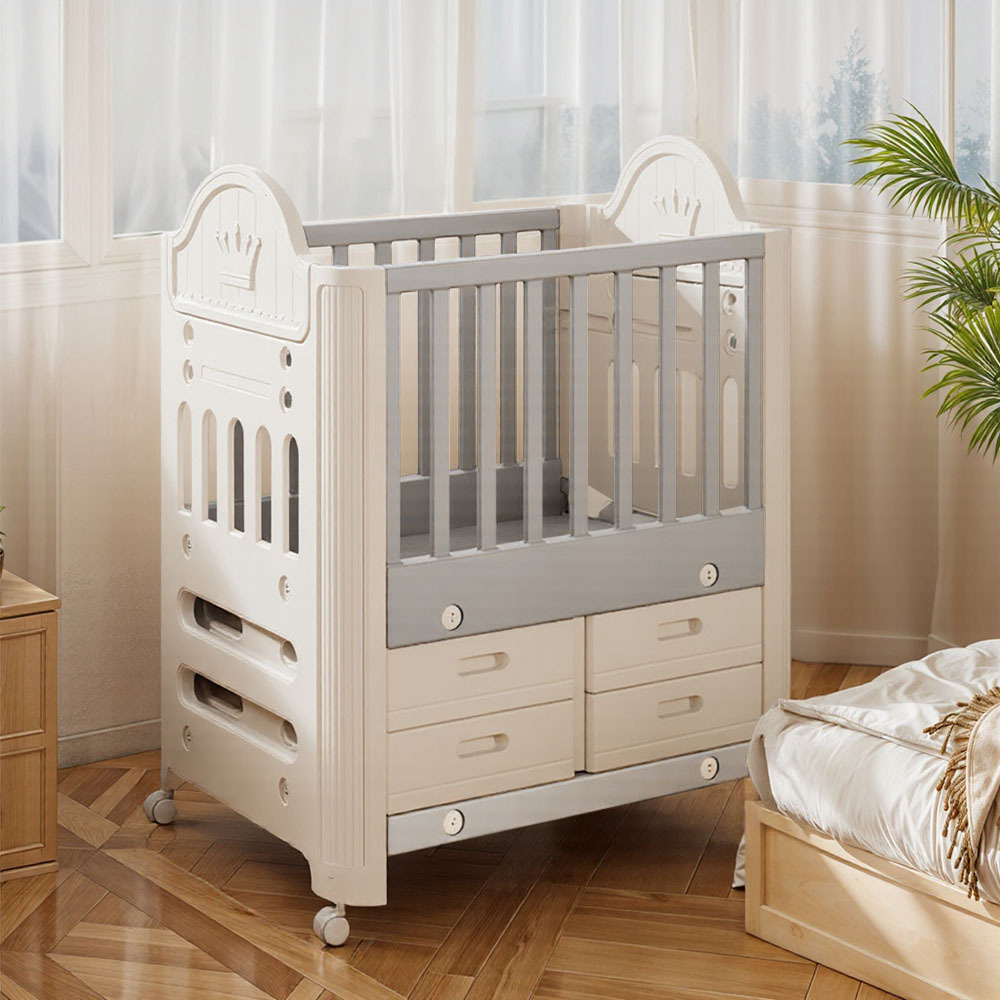 Cot with Under Drawer, Baby Cot with 4 Storage Drawers & Wheels, Grey - White HDPE/PP Material 1.0T Thickness, Sturdy Injection-Molded Crib for Newborns & Toddlers, Adjustable Height and Lockable Casters for Nursery/Bedroom, L85*W62*H108CM