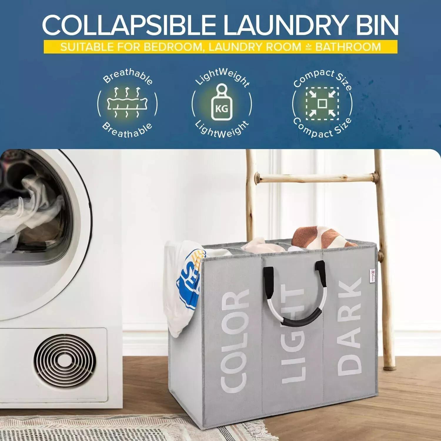 TEMU Triple Compartment Collapsible Laundry Basket – Large Slim Divided Hamper With Handles For Clothes, Shoes, Portable Laundry Storage Bag For