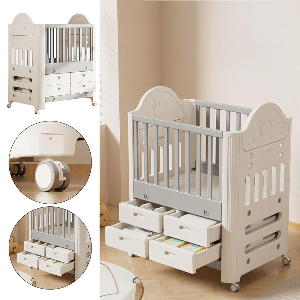 Cot with Under Drawer, Baby Cot with 4 Storage Drawers & Wheels, Grey - White HDPE/PP Material 1.0T Thickness, Sturdy Injection-Molded Crib for Newborns & Toddlers, Adjustable Height and Lockable Casters for Nursery/Bedroom, L85*W62*H108CM