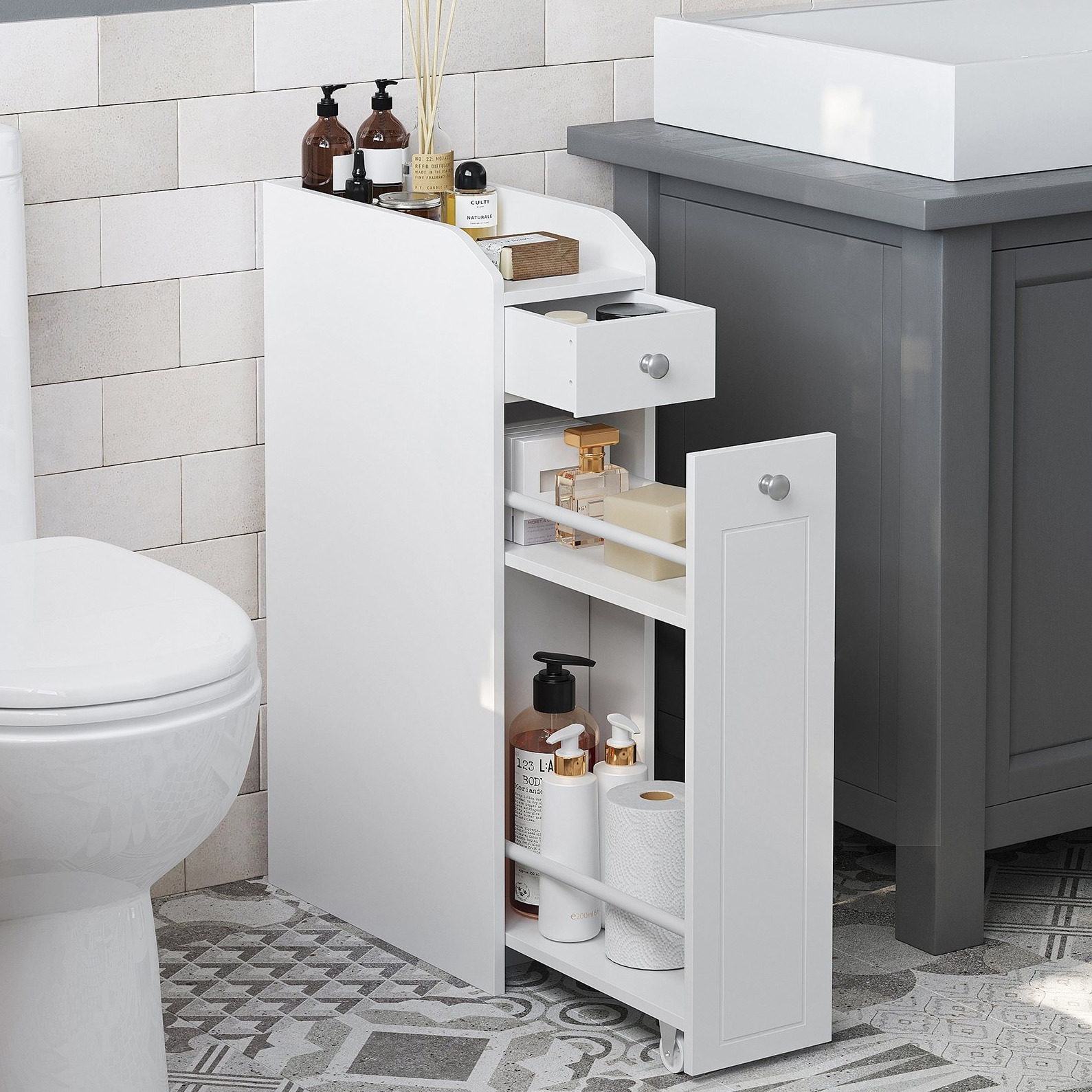 E-shop Badezimmerschrank klein, Badschrank schmal, 40 x 18 x 70 cm, Kleiner Schrank für Toilettenpapier, Toilettenschrank mit Schubladen,