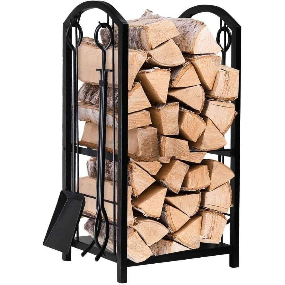 TEMU Wrought Iron Firewood Rack 12 X 16 X 29.2 Inches With 4 Fireplace Tools, Black, Steel, Firewood Storage Rack, Fireplace, Fire Pit