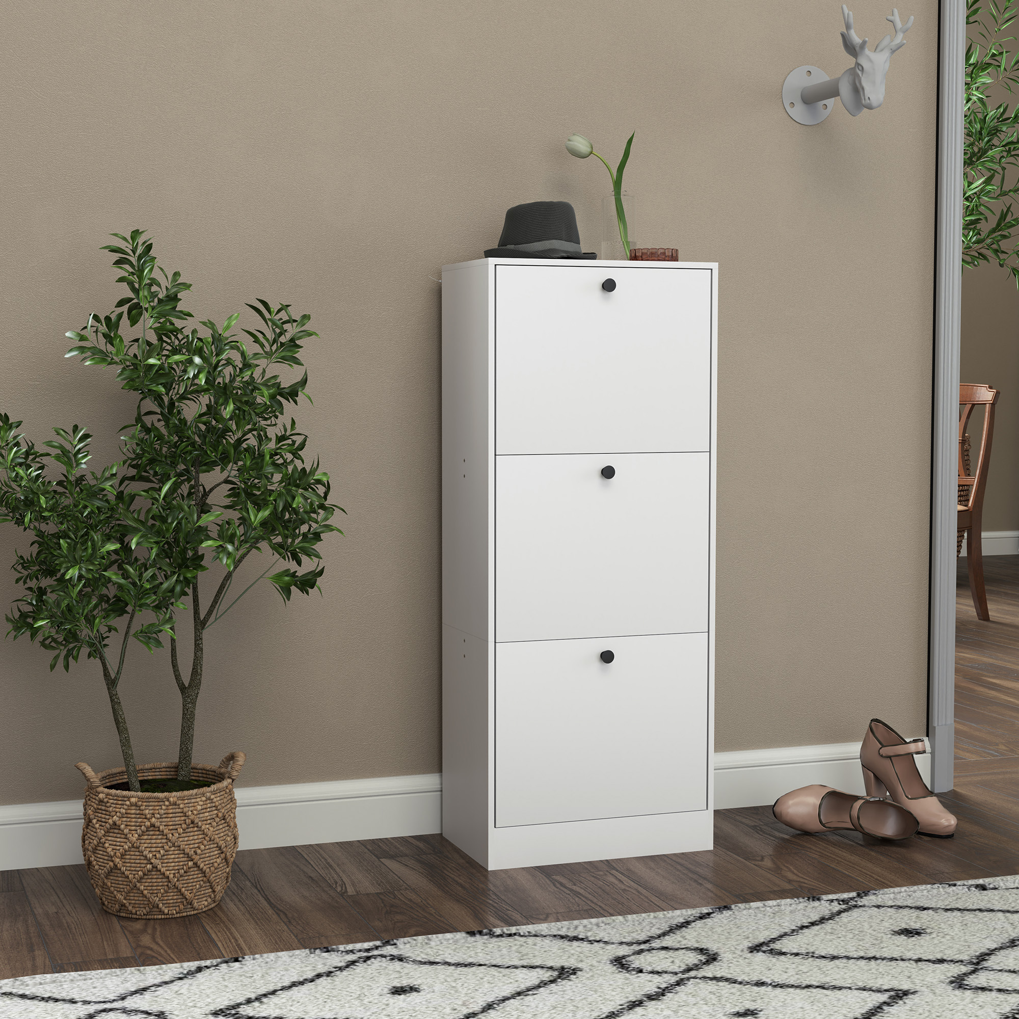 Image of Shoe Cabinet With 3 Flaps, Shoe Rack With Adjustable Divider, Narrow Shoe Dresser Shoe Organizer For 12 Pairs Of Shoes 47 X 28 X 115 Cm, White
