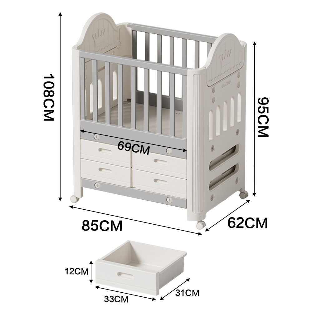 Cot with Under Drawer, Baby Cot with 4 Storage Drawers & Wheels, Grey - White HDPE/PP Material 1.0T Thickness, Sturdy Injection-Molded Crib for Newborns & Toddlers, Adjustable Height and Lockable Casters for Nursery/Bedroom, L85*W62*H108CM