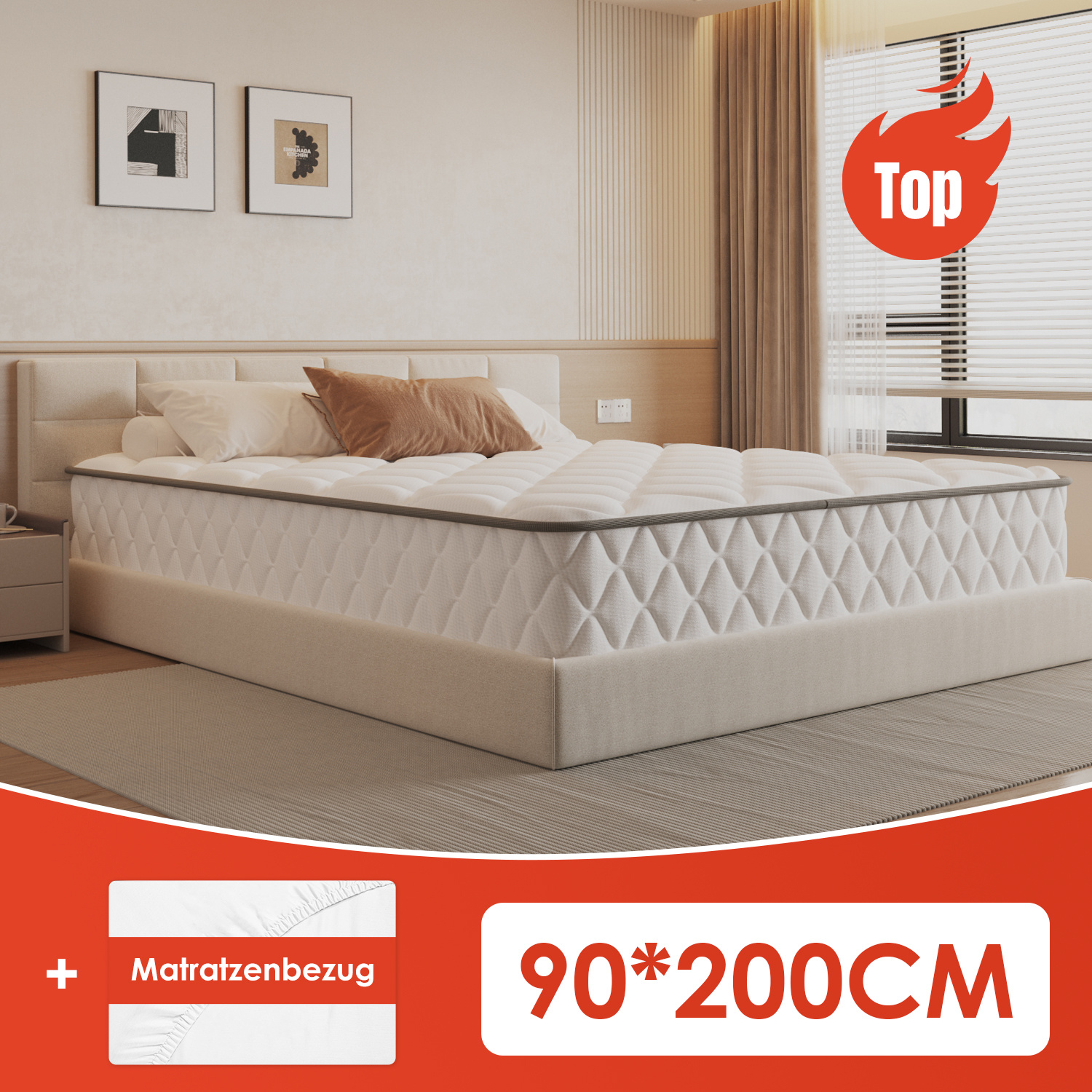 Mattress 90x200cm, 22cm Thick, 7-zone Design, With Free Mattress Protector, Core, Quiet & -free