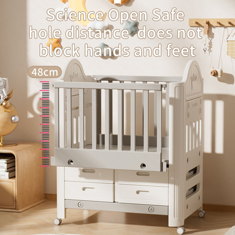 Cot with Under Drawer, Baby Cot with 4 Storage Drawers & Wheels, Grey - White HDPE/PP Material 1.0T Thickness, Sturdy Injection-Molded Crib for Newborns & Toddlers, Adjustable Height and Lockable Casters for Nursery/Bedroom, L85*W62*H108CM
