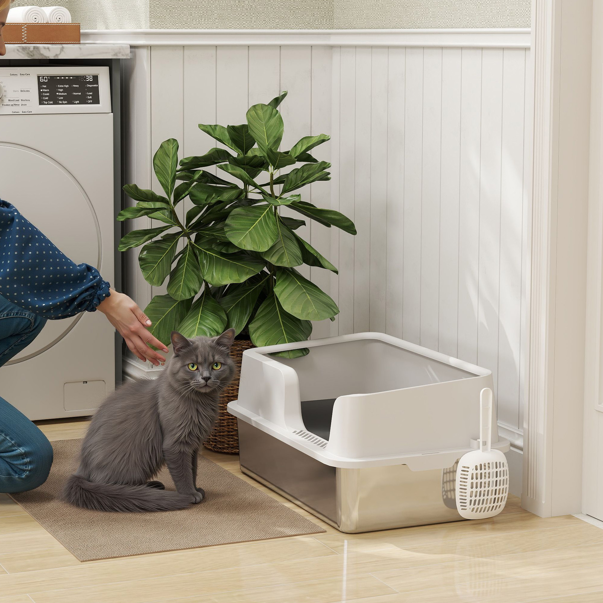 Pawhut Litter Box For Cats With Raised Edges, Tray And Scoop, Stainless Steel And Pp Cat Litter Box, 60x40x28 Cm, Light Grey