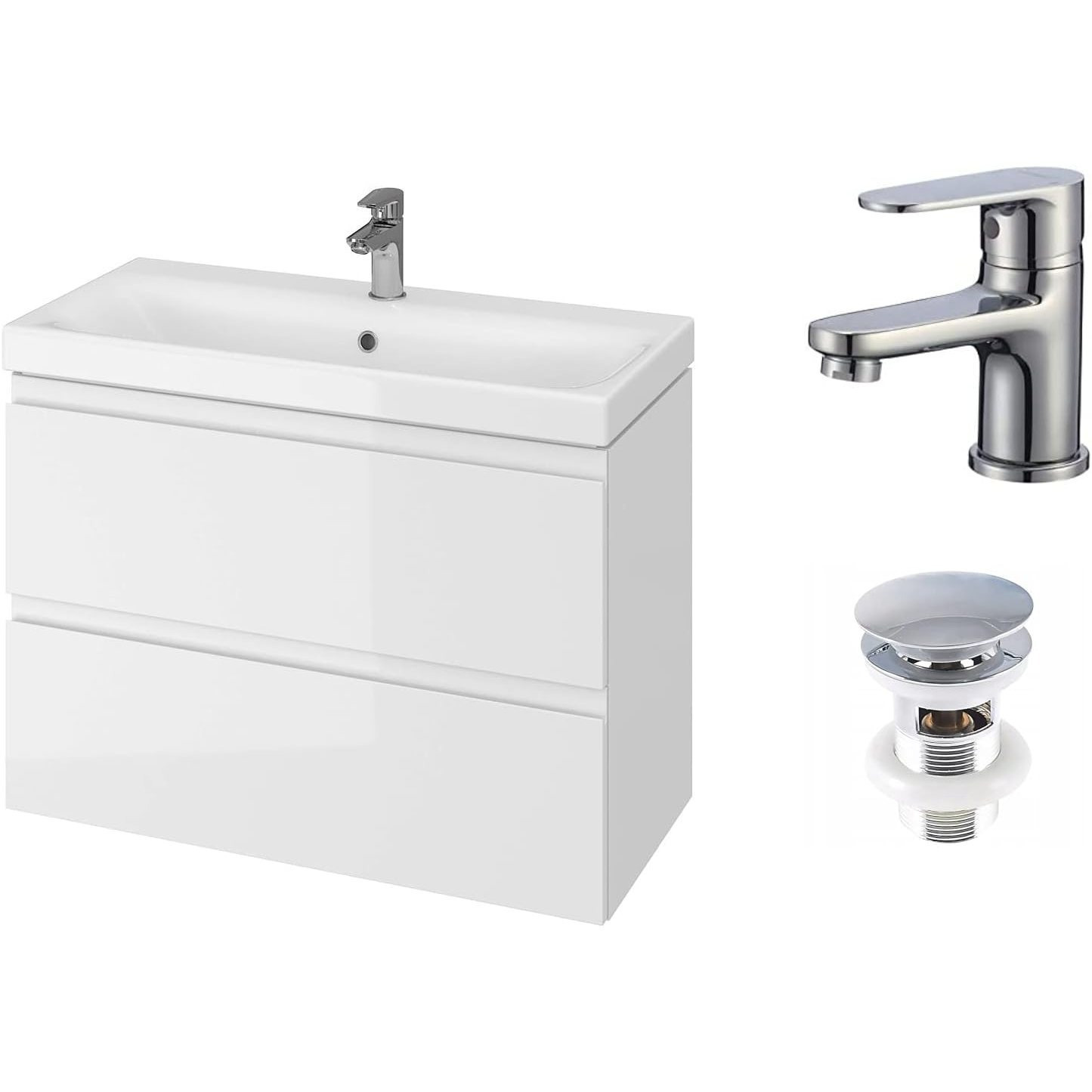 Image of Vbchome Bathroom Furniture Set 80x45 Cm White – Washbasin Cabinet With 2 Drawers, Ceramic Washbasin Faucet And Pop-up Valve