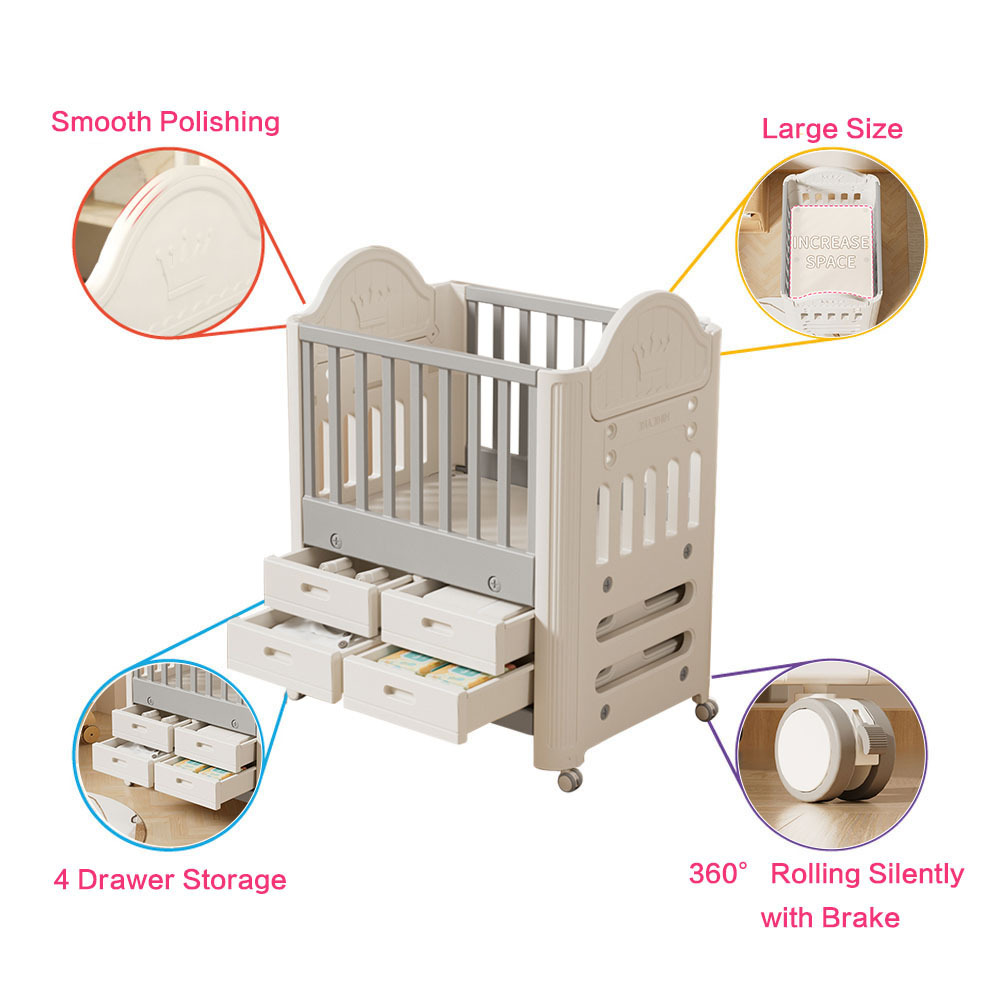 Cot with Under Drawer, Baby Cot with 4 Storage Drawers & Wheels, Grey - White HDPE/PP Material 1.0T Thickness, Sturdy Injection-Molded Crib for Newborns & Toddlers, Adjustable Height and Lockable Casters for Nursery/Bedroom, L85*W62*H108CM