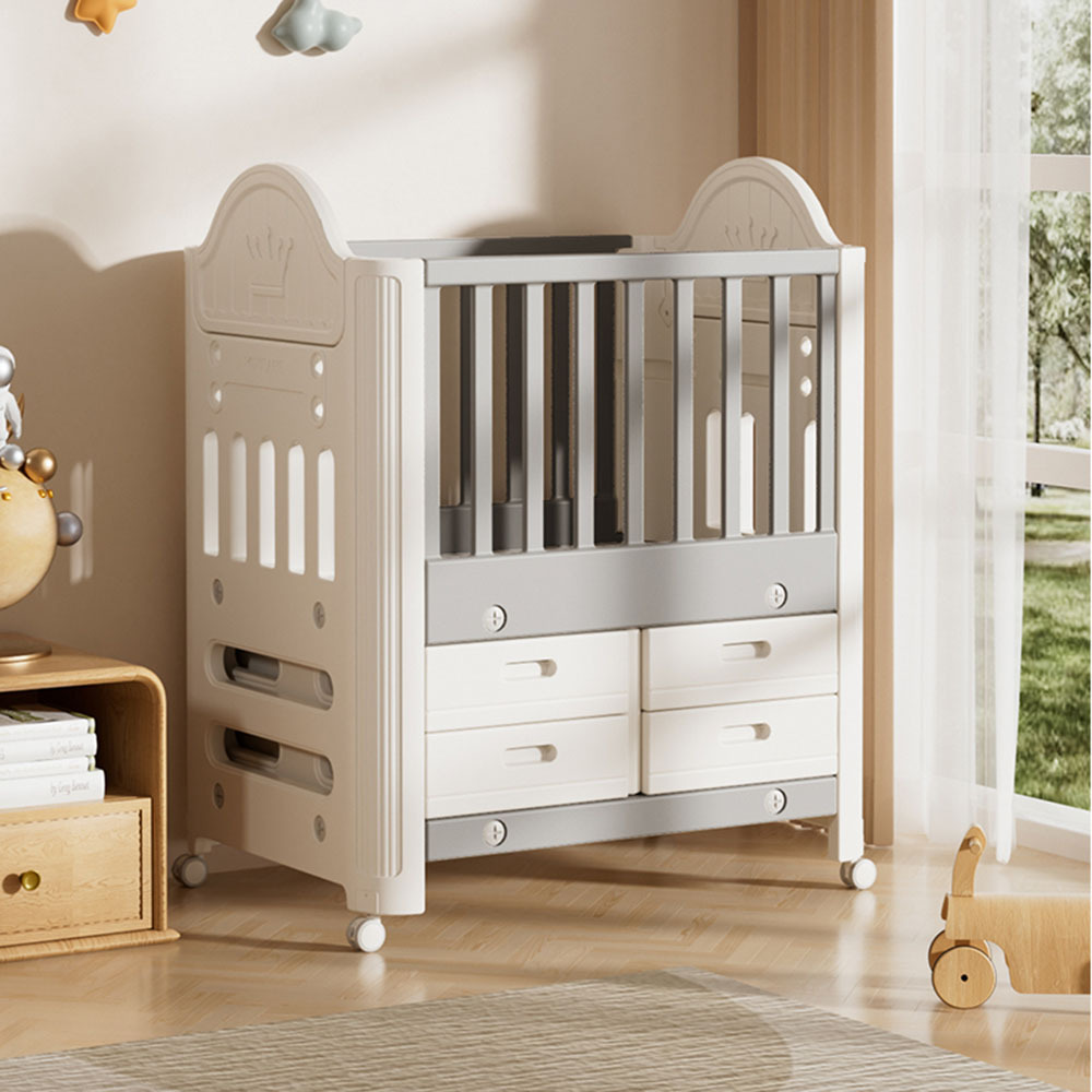 Cot with Under Drawer, Baby Cot with 4 Storage Drawers & Wheels, Grey - White HDPE/PP Material 1.0T Thickness, Sturdy Injection-Molded Crib for Newborns & Toddlers, Adjustable Height and Lockable Casters for Nursery/Bedroom, L85*W62*H108CM