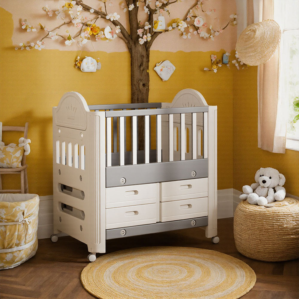 Cot with Under Drawer, Baby Cot with 4 Storage Drawers & Wheels, Grey - White HDPE/PP Material 1.0T Thickness, Sturdy Injection-Molded Crib for Newborns & Toddlers, Adjustable Height and Lockable Casters for Nursery/Bedroom, L85*W62*H108CM