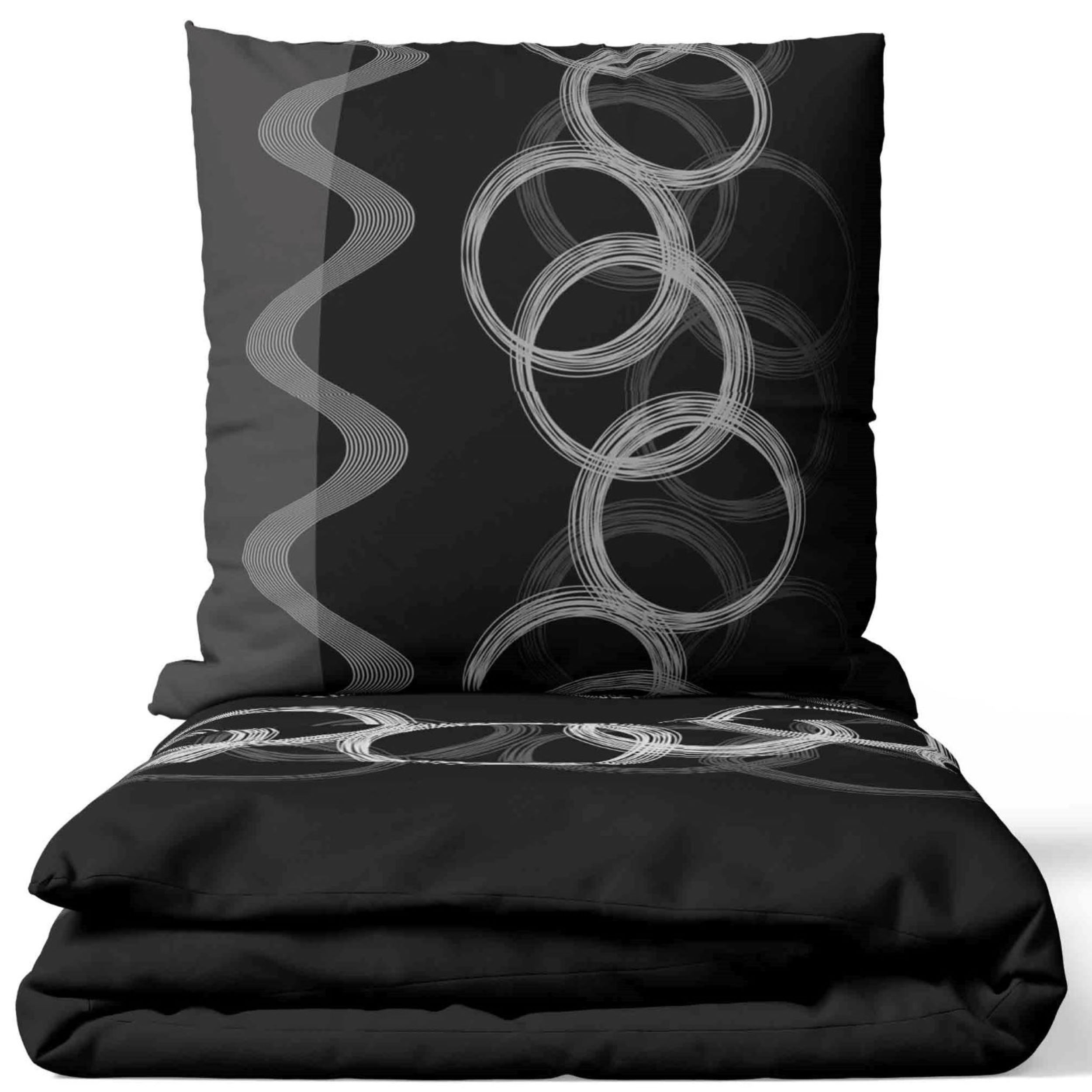 E-shop Bettwäsche Baumwolle Set Weiß Grau Kreise Streifen Modern leicht Kissenbezug 80x80 cm Pflegeleicht mit Reißverschluss