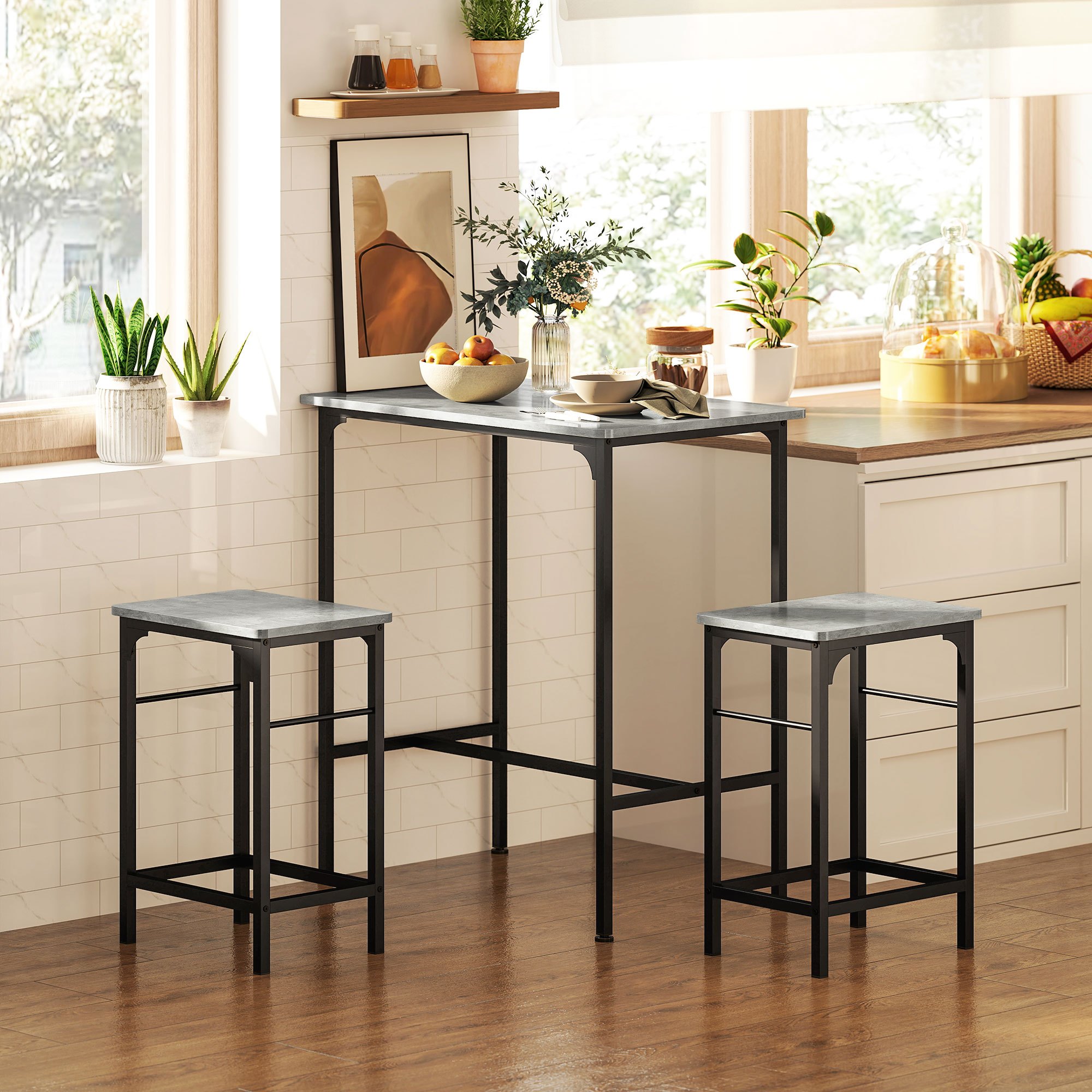 Image of Bartisch Set Bar Table With Bar Stool Set Dining Table With 2 Chairs With Non-slip Foot Pad Kitchen Table For Dining Room, Kitchen, Grey