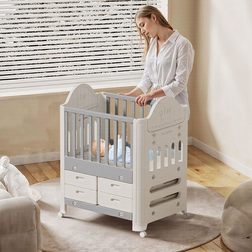Cot with Under Drawer, Baby Cot with 4 Storage Drawers & Wheels, Grey - White HDPE/PP Material 1.0T Thickness, Sturdy Injection-Molded Crib for Newborns & Toddlers, Adjustable Height and Lockable Casters for Nursery/Bedroom, L85*W62*H108CM
