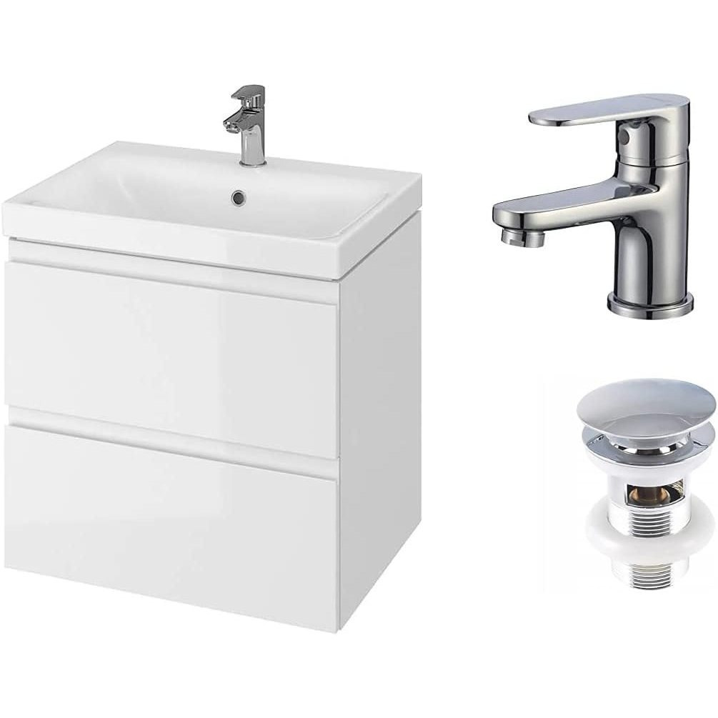 Vbchome Washbasin Cabinet Set 50 Cm – Bathroom Furniture With Ceramic Washbasin, Softclose Drawers, Faucet And Drain Set, White, Space- Solution
