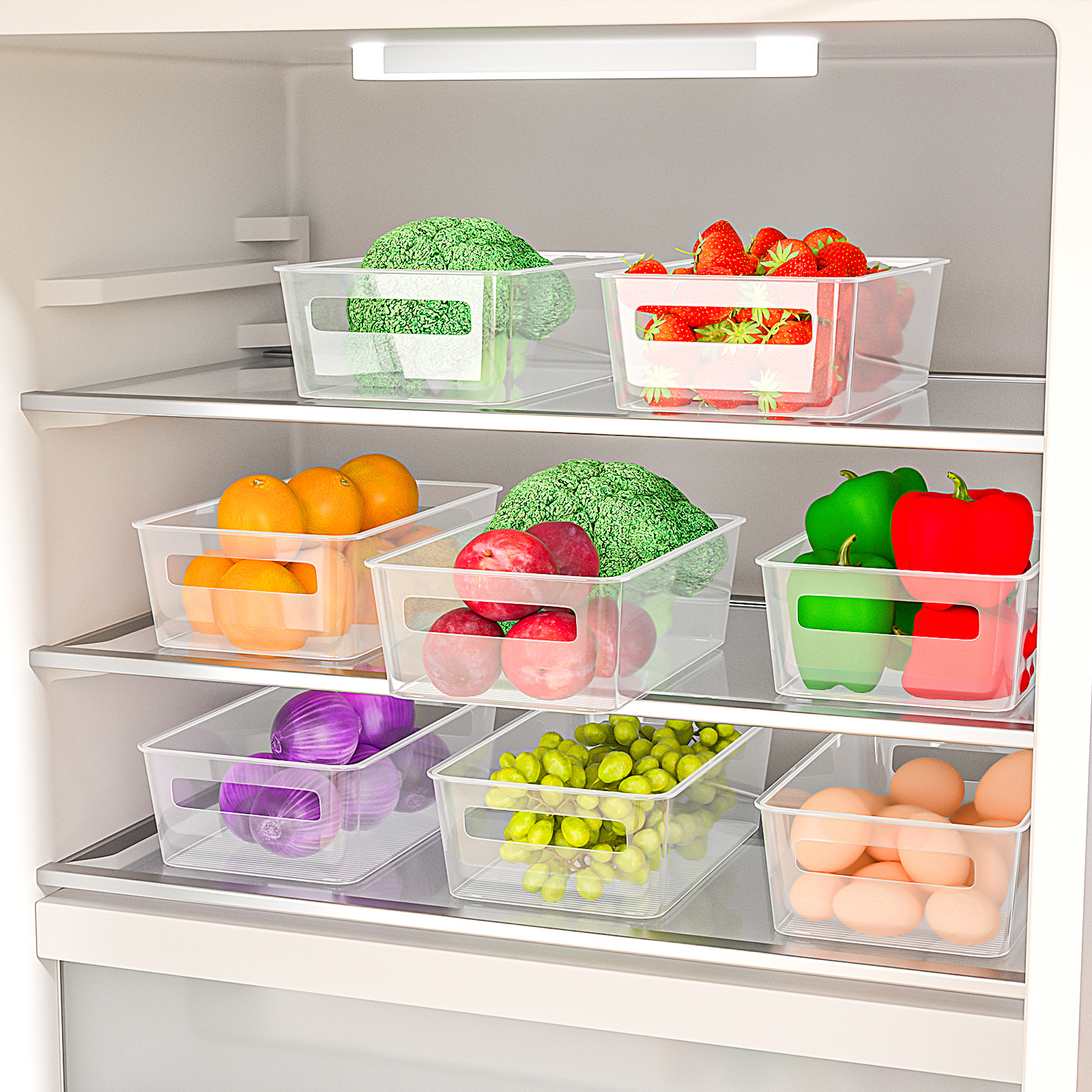 TEMU 8pcs Of Refrigerator Stackable Space-saving Organizer Containers, Refrigerator Transparent Containers With Handles, Kitchen Organizer Fruit