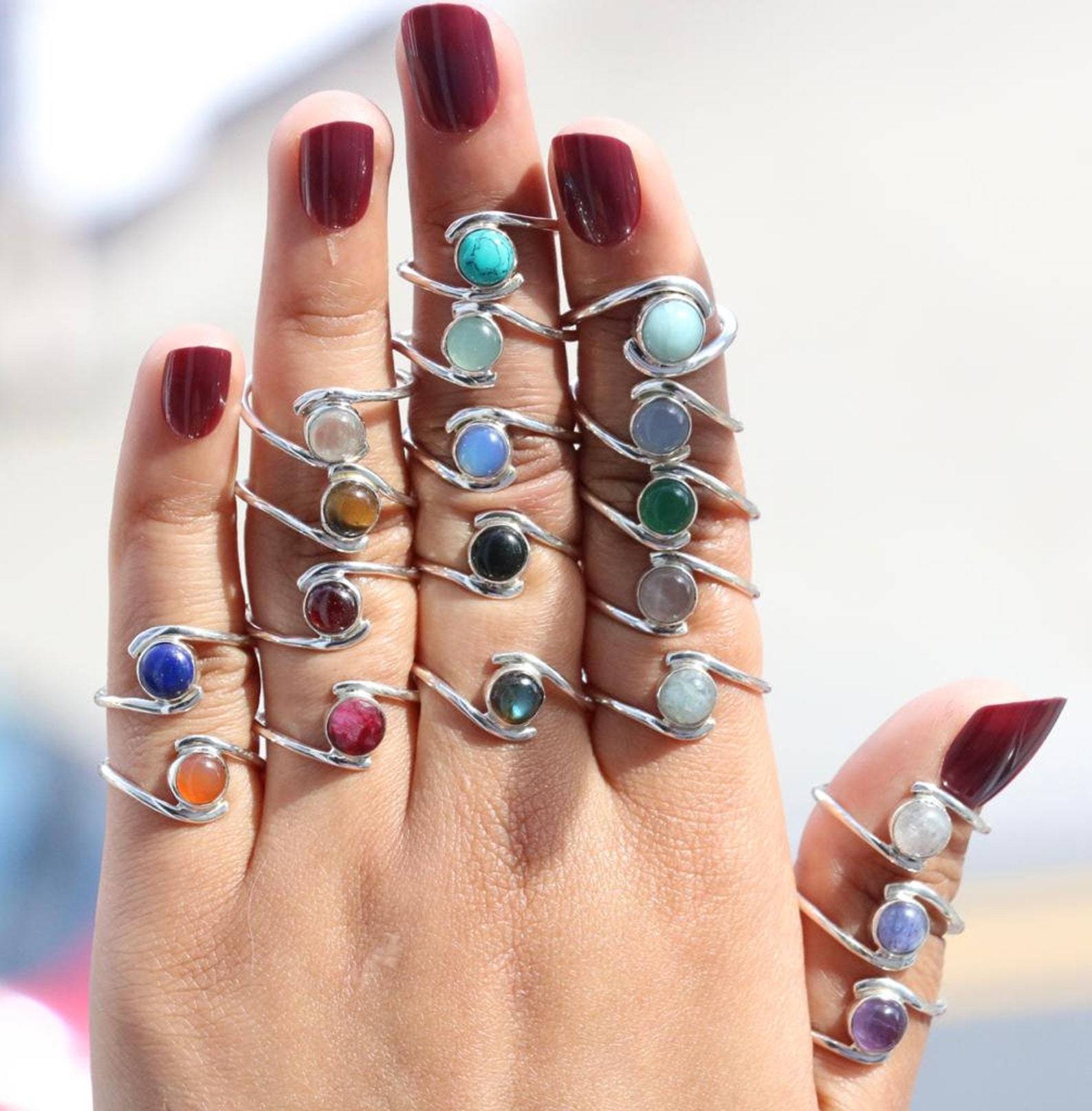 925 sterling silver round gemstone small minimalist ring amethyst onyx and more details 0