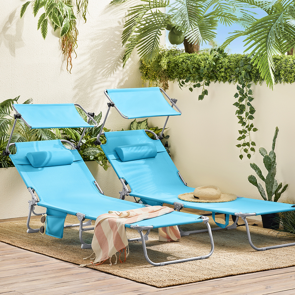 Image of 1 Piece Folding Garden Lounge Chair With Cushion, Sun Lounger For Relaxation With Sun Protection And Side Pocket, Outdoor Furniture For Patio, Beach, Pool, Black, 155x56x81cm - Pht59-