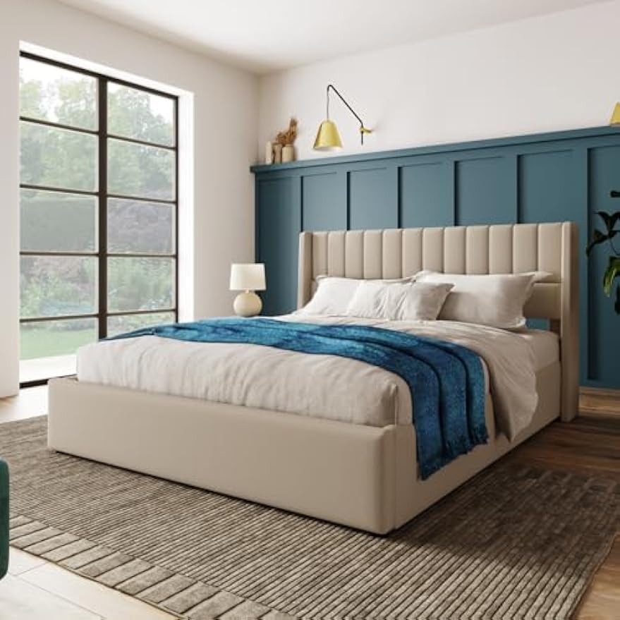 Double-stitched Lit 160 X 200 Cm, Hydraulic, With Slatted Bed Base And Storage Bed, Storage Space With Headboard, Adult Bed Frame, Metal Frame, Linen.