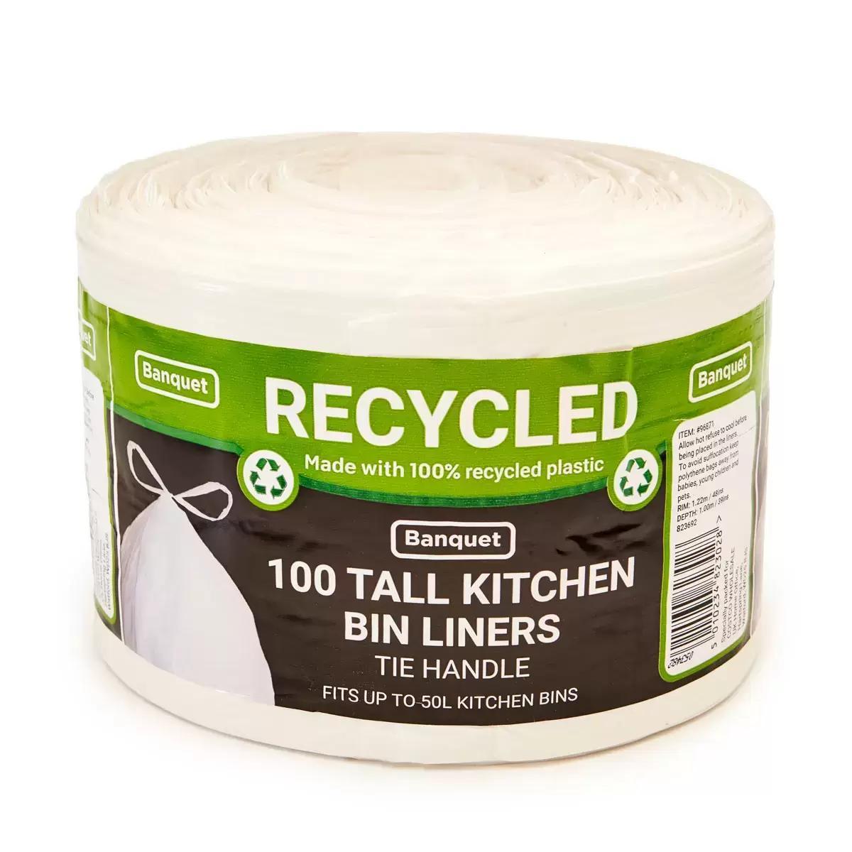 TEMU Banquet Recycled Tie Handle Tall Kitchen Bin Liners, Pack Of
