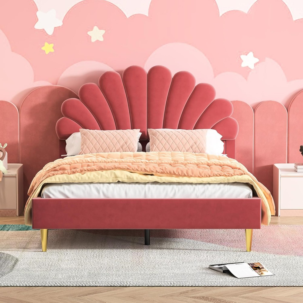 TEMU Lit Pétale, lit double rembourré, cadre de lit double avec sommier à lattes et tête de lit, pour chambre, velours, rouge, teinté, YCZ 140 x 200