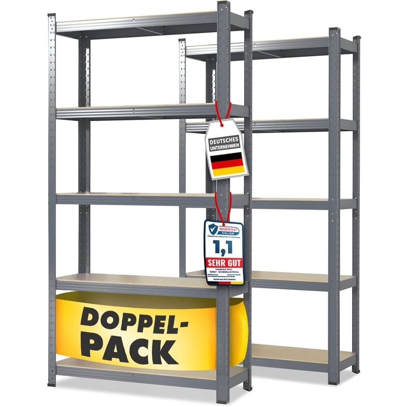 Heavy-duty Shelf 2-pack – Metal Shelving With 875 Kg Load Capacity, Workshop Shelving With 5 Shelves, Plug-in System, Sizes & Colors