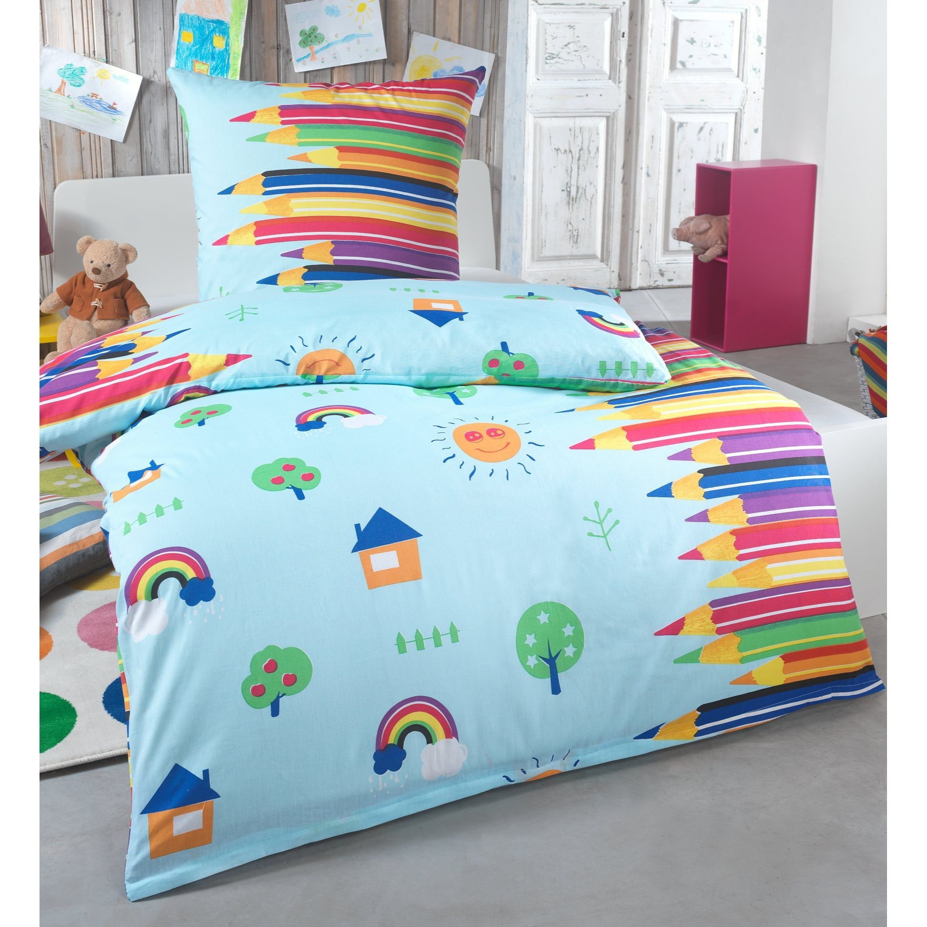 E-shop Kinder Bettwäsche 135x200 oder 155x220 Baumwolle Sets, Bettbezug 135 x 200 cm, Kissenbezug 80x80 cm, Renforcé, Bettwäsche mit Reißverschluss