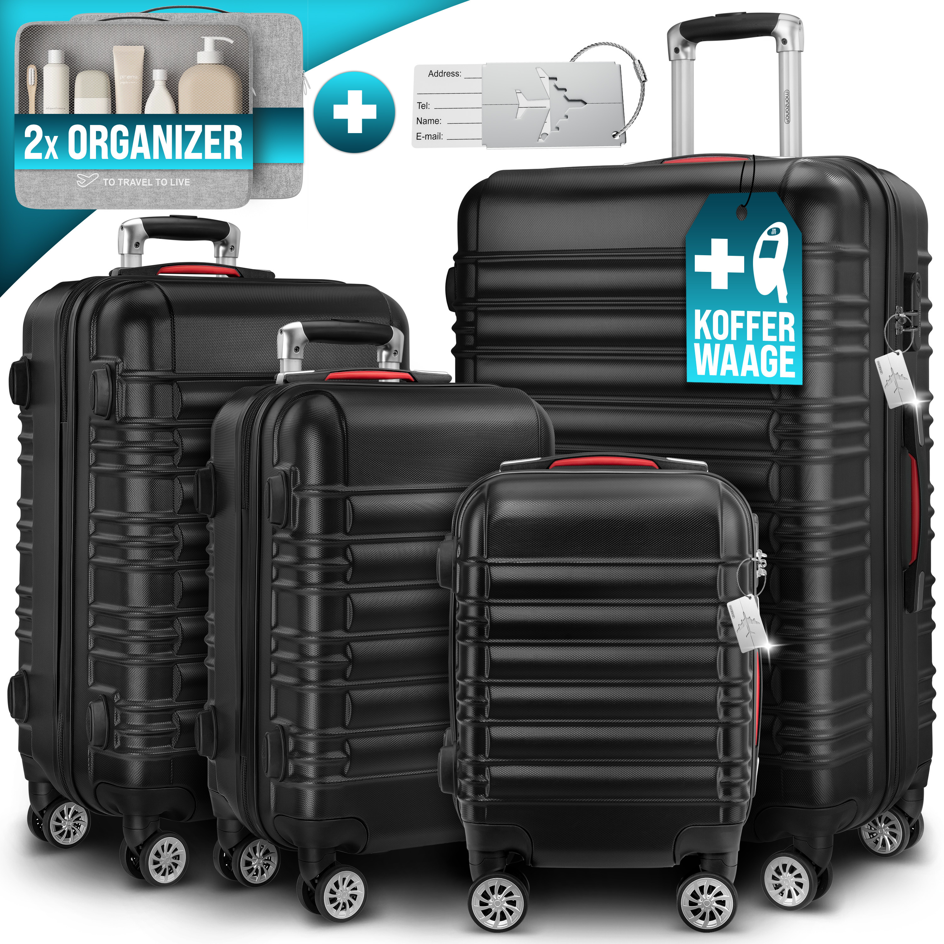 TEMU MONZANA® Juego de 4 Maletas Rígidas Equipaje Set Trolley Viaje . Accesorios Maleta S-M-L-XL