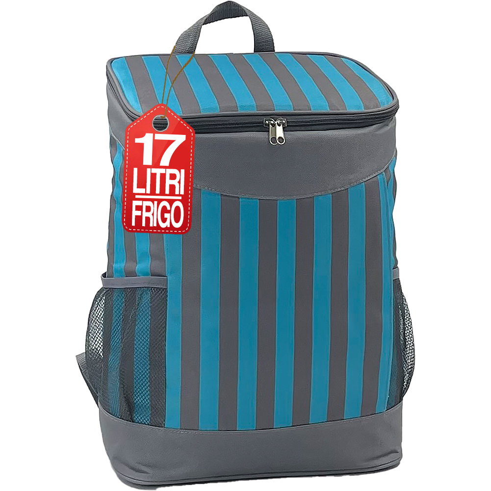 Image of Bakaji 17l Shoulder Cooler Backpack, Thermal Insulated Striped Design In Blue And Gray, Ideal For Outdoor Trips, Beach, Picnics, 30 X 17 X 42 Cm