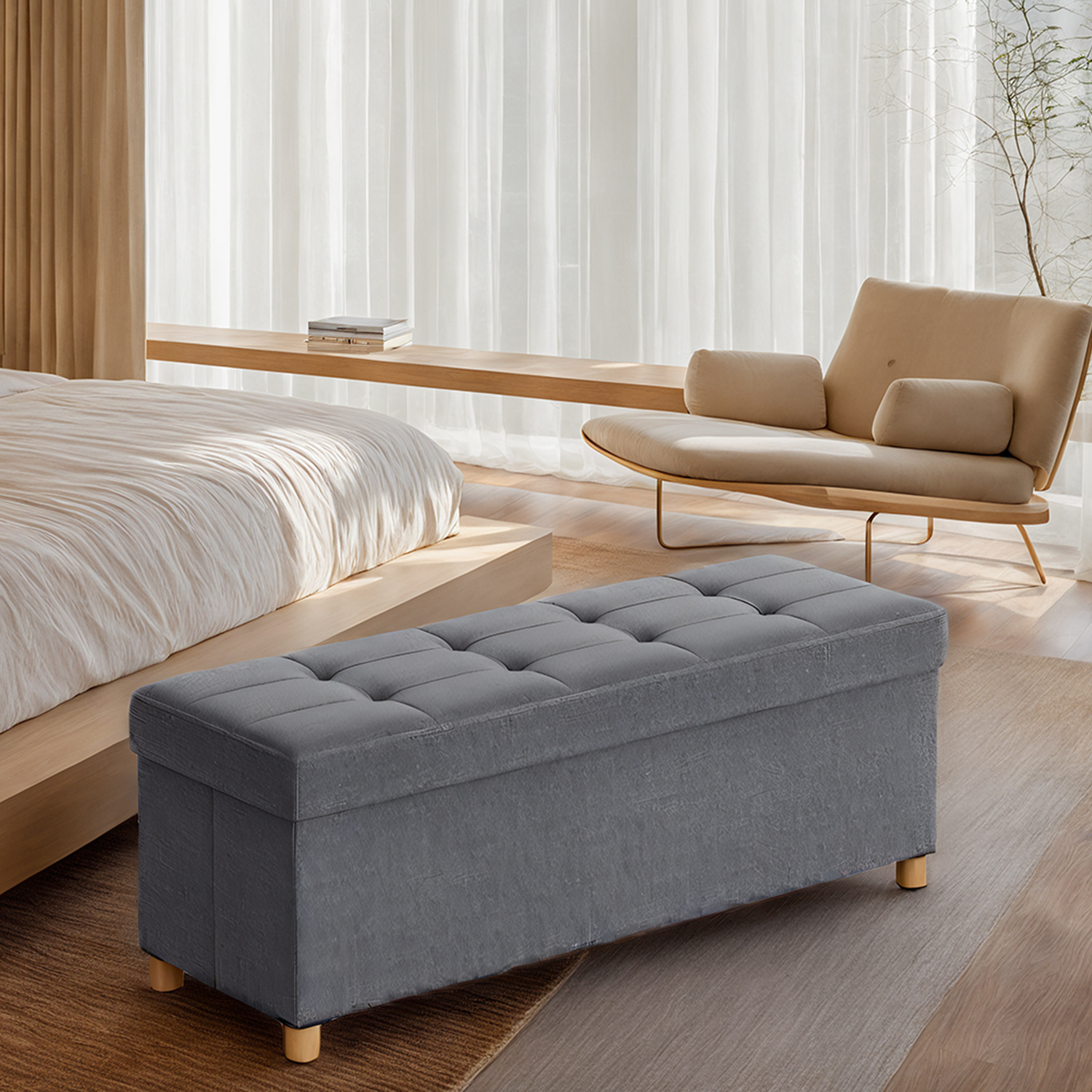 Stool, Foldable Bench With Storage, Legs, 38 X 110 X 40 Cm, Loadable Up To 300 Kg, Footstool, Storage Box