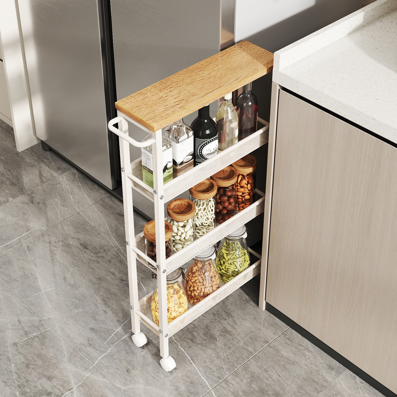 Image of 4-tier Trolley, Narrow Kitchen Cart, Shelf On Wheels, Steel, Handle, For Small Spaces, 13 X 45.4 X 77 Cm