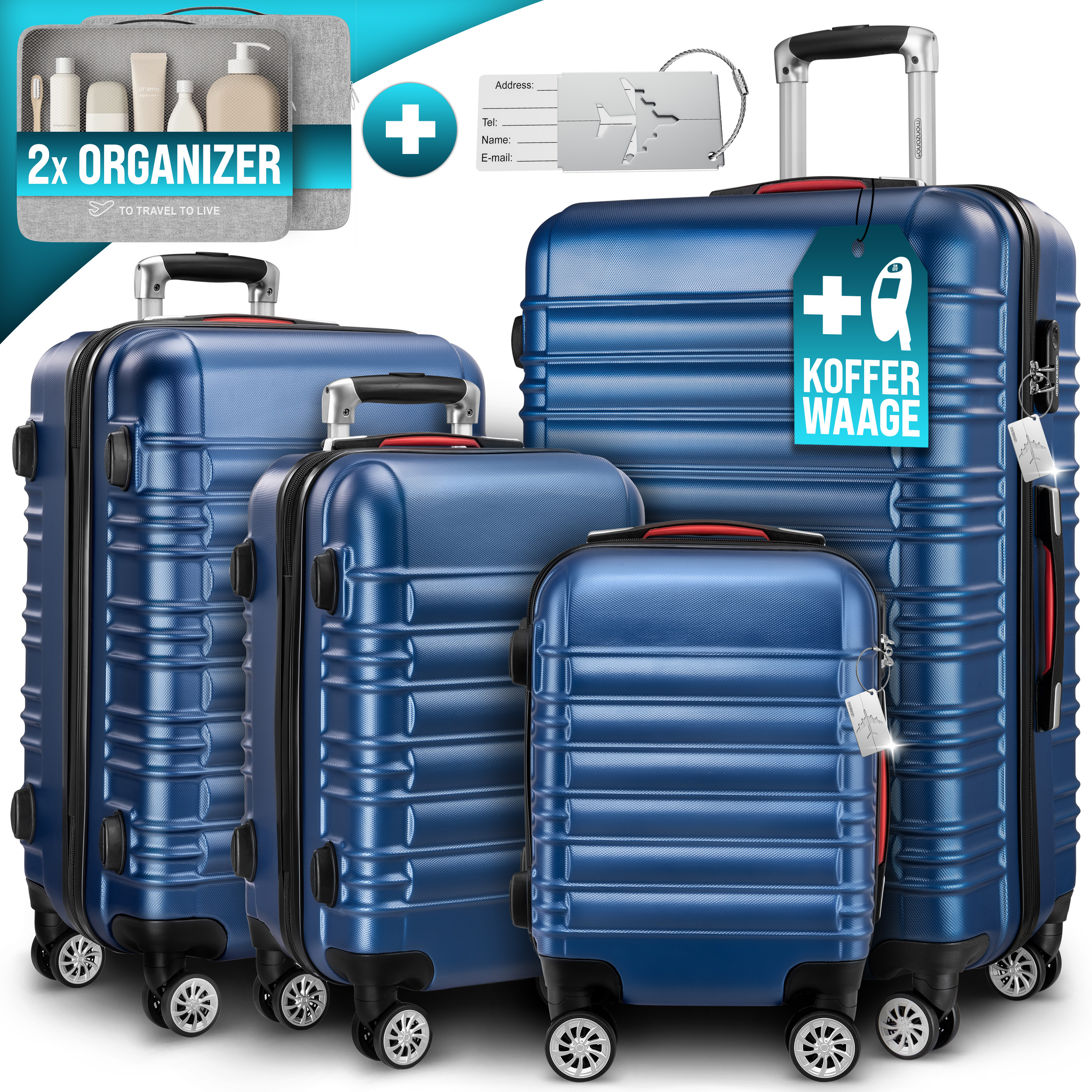 TEMU MONZANA簧 Set Valigie 4 Pezzi con Organizzatore a Serratura, Bilancia per , Cinghia, Maniglie in Gel, Doppie Ruote, Piedini di Appoggio, Valigia
