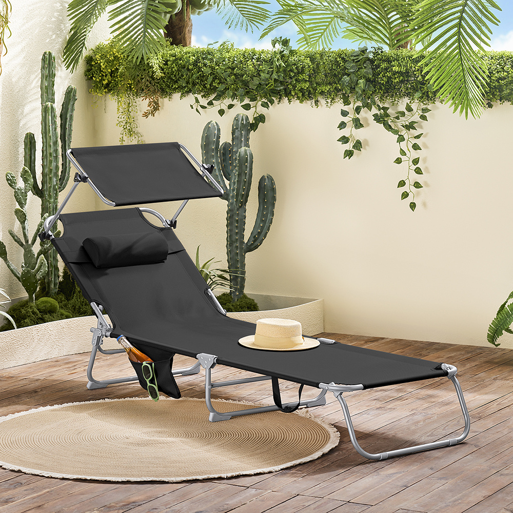 Image of 1 Piece Folding Garden Lounge Chair With Cushion, Sun Lounger For Relaxation With Sun Protection And Side Pocket, Outdoor Furniture For Patio, Beach, Pool, Black, 155x56x81cm - Pht59-