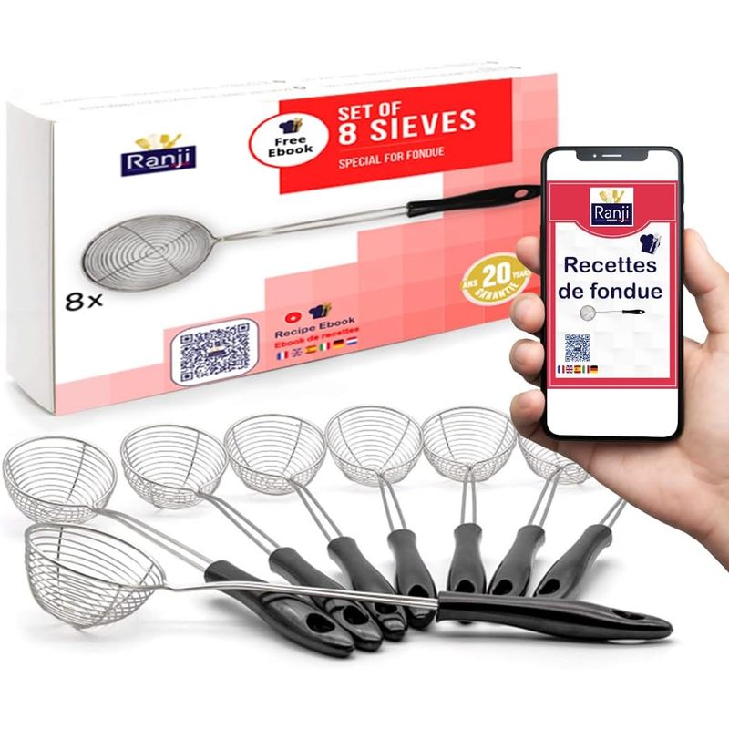 TEMU Lot de 8 Passoires en Acier Inoxydable - Épuisettes pour Fondue, Écumoire Friture, Cuillère Bubble Tea, Petite - Idéal pour Fondue Chinoise,
