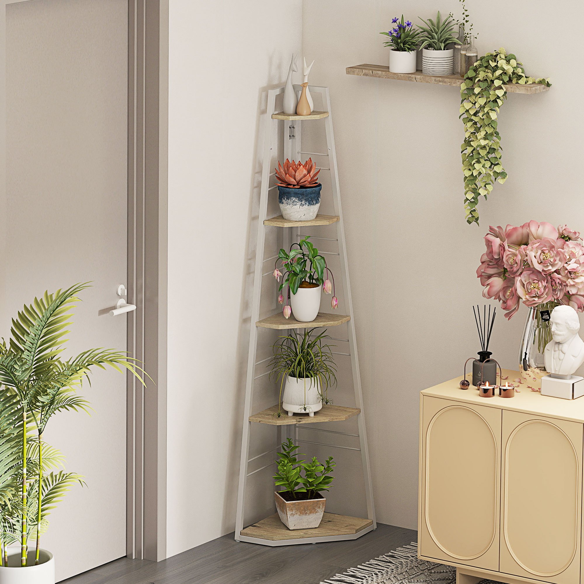 Homcom 5-tier Angular Bookcase, Modern Foldable Shelf With Adjustable Feet, Steel And Wood Bookshelf, 37.5x37.5x160 Cm