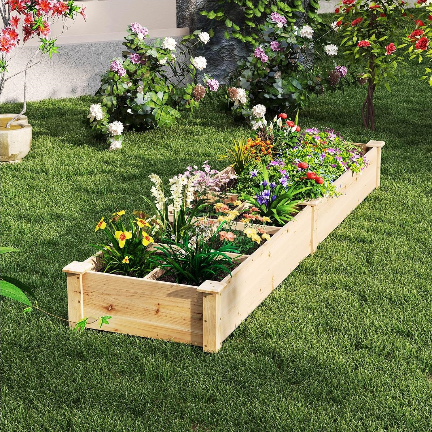 Image of Raised Bed Wood, Garden Bed With 2 Plant Boxes And Dividers, Bed For Garden Balcony Yard Terrace, Plant Bed Flower Bed Pine Wood, 228 X 62 X 25 Cm, Nature