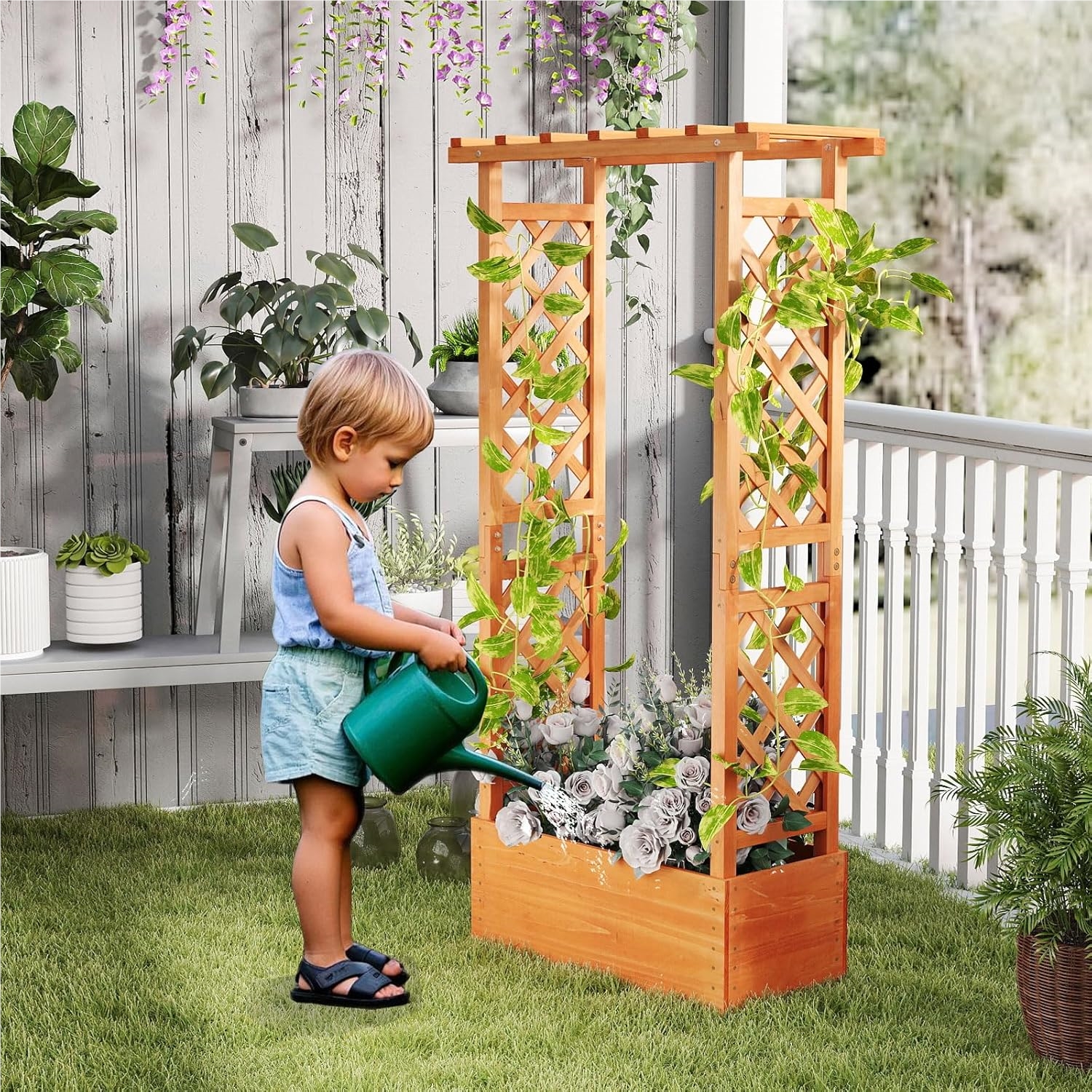 Image of Raised Bed With Trellis & Hanging Roof, Planter Box With Climbing Aid, Flower Box For Climbing Plants & Hanging Baskets, For Garden, Yard, Terrace, Wooden Planter, Orange, 66 X 32 X 152cm