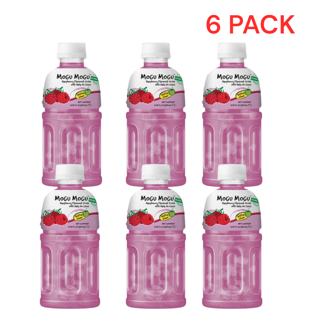 6-pack Mogu Mogu Raspberry Drink With Nata De Coco, 6x320ml – Refreshing Fruit Drink With Coconut Cubes, Tropical Juice With A Bite