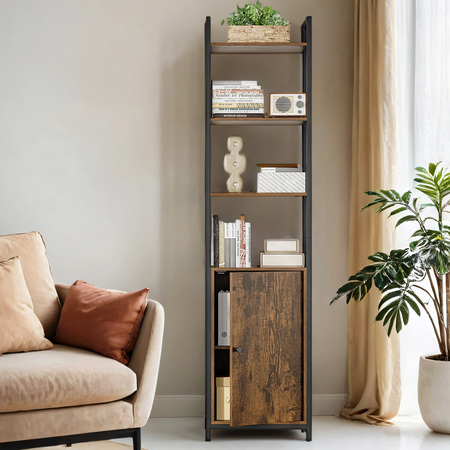 E-shop Bücherregal, 6 Ebenen, Regal, Standregal mit Türen, Metallrahmen, verstellbaren Ablagen, 24 x 40 x 159,5 cm, für Wohnzimmer, Schlafzimmer