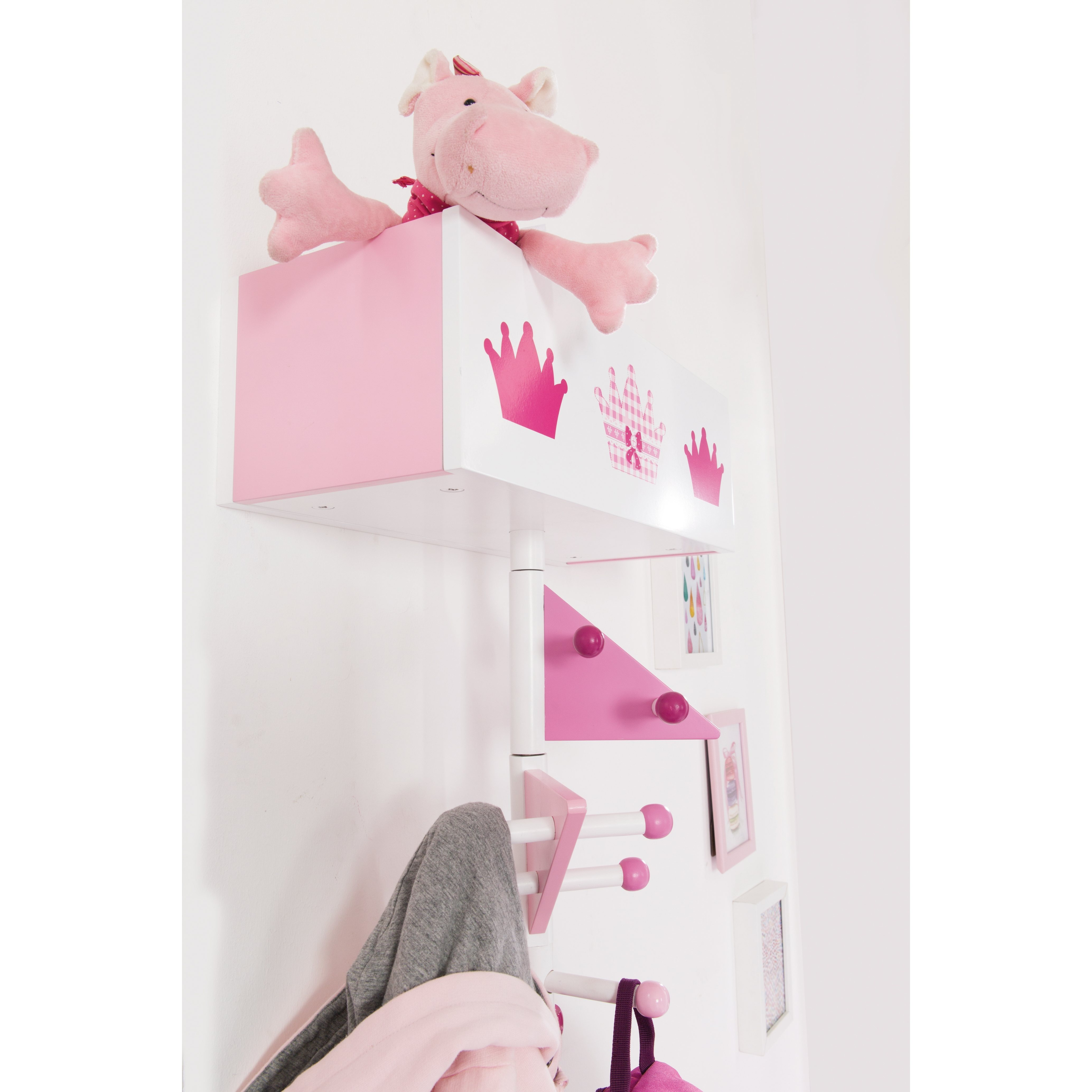 Image of Children's Wardrobe 'crown' Made Of Wood, Pink Lacquered And Printed, For Wall Mounting, With 9 Hooks And 2 Compartments