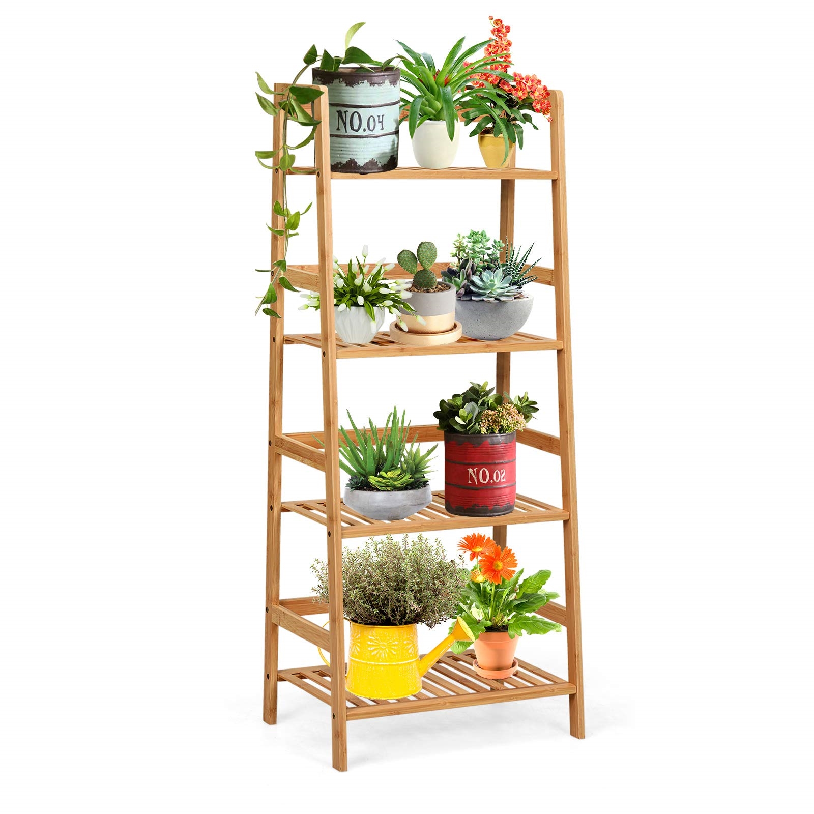 Image of 4-tier Standing Shelf, Bamboo Ladder Shelf, Bookcase, Plant Shelf, Balcony Shelf, Flower Shelf, Stair Shelf, Bathroom Shelf, Corner Shelf, Wooden Shelf, Step Shelf, 48 X 32 X 115cm (natural)