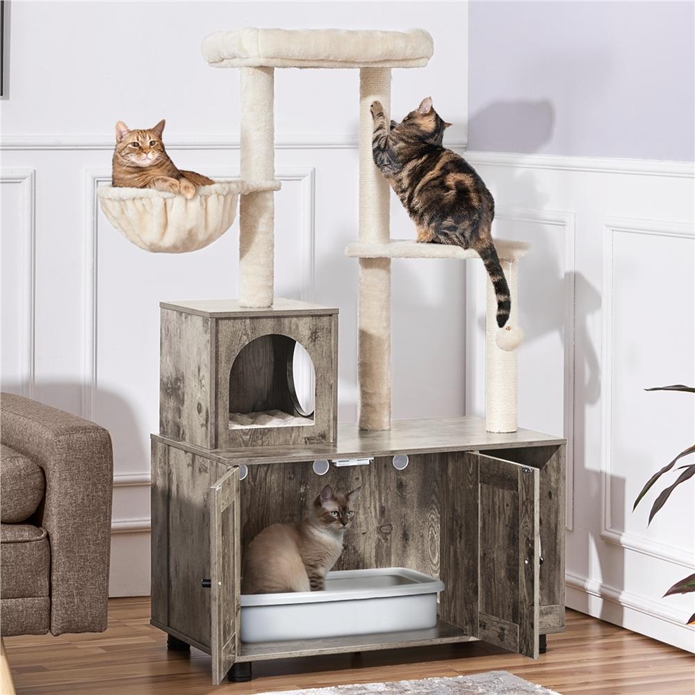 Image of Costoff's Cat House Scratching Post With Double Door & Scratching Trunk & Scratching Board Enclosed, Cat Litter Box Side Table With Cat Cave & Cat Cabinet