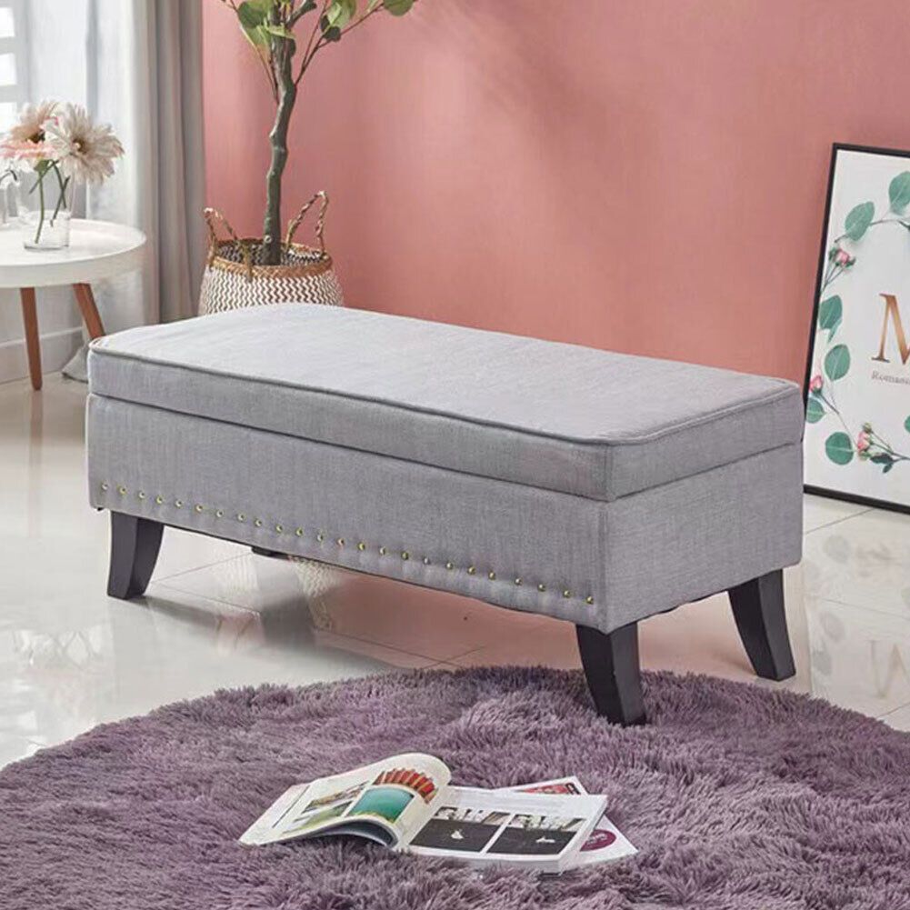 Image of Bakaji Pouf Storage Stool Footrest Bedroom Fabric Upholstery Rectangular Soft Large Storage Ottoman With Storage 80 X