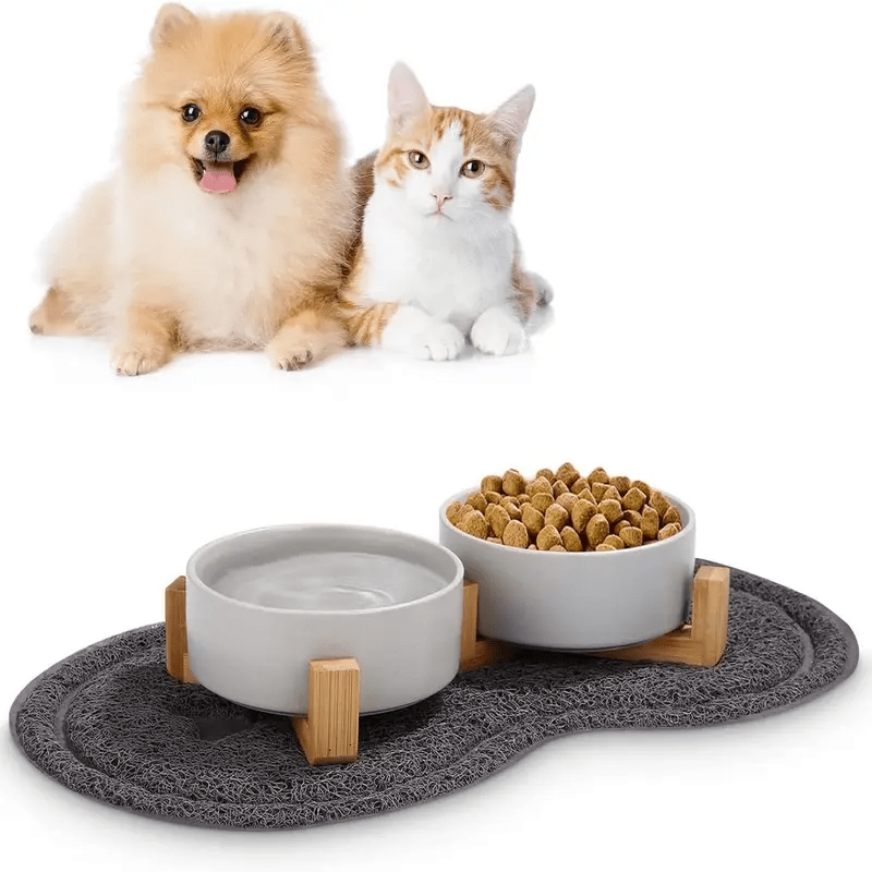 E-shop Keramikfutterbowl für Hunde und Katzen mit Bambusständer und rutschfester Matte (400 ml, 2-Grau)