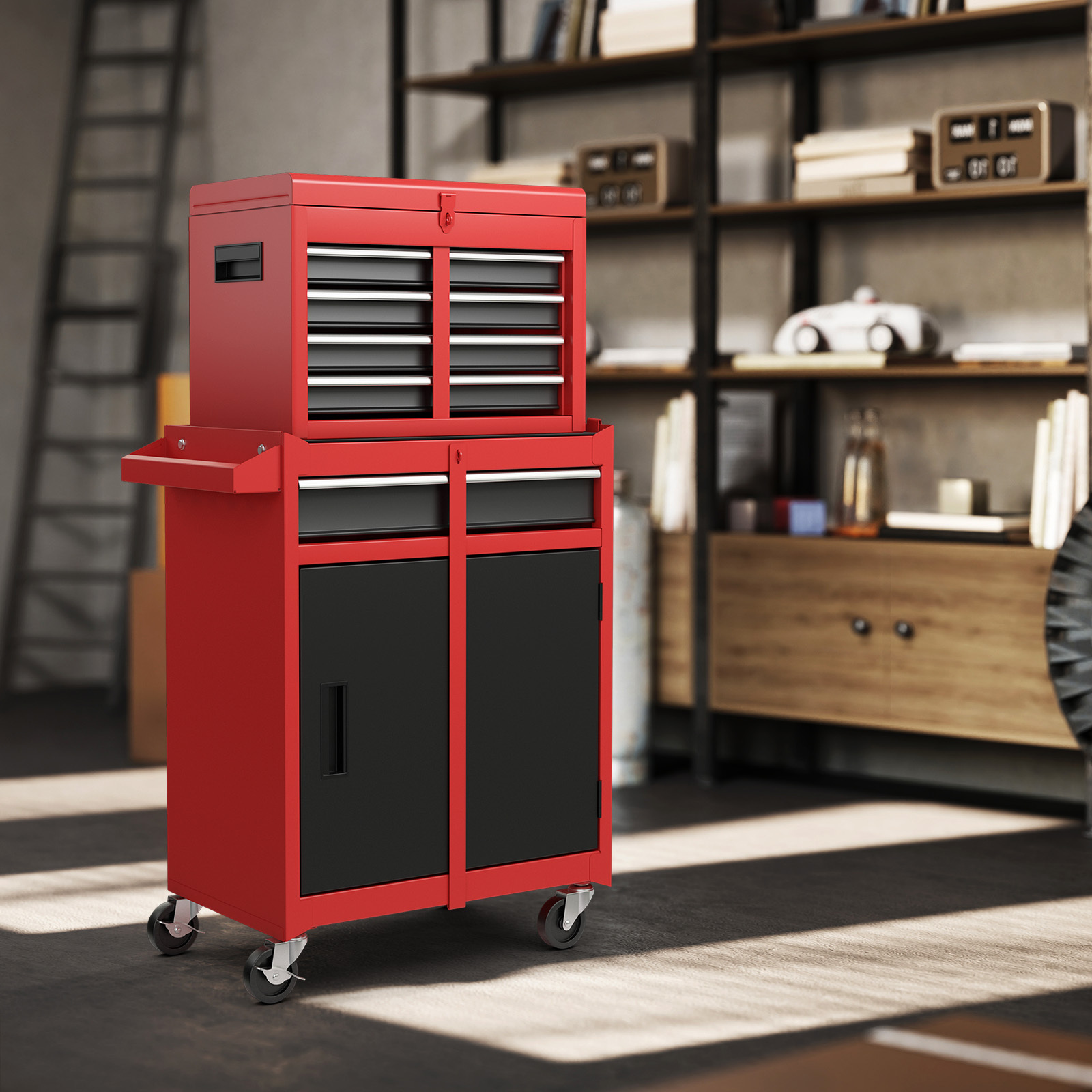 Toolbox with 5 Drawers, 2-In-1 Tool Cabinet with Large Capacity, with Wheels And Automatic Locking, Rolling Metal Toolbox for Workshop, Storage, Garage